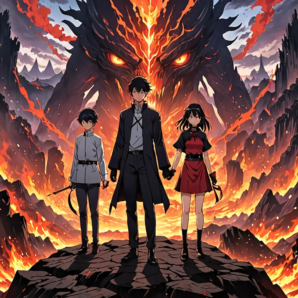 a group of people standing on top of a mountain next to a giant demon head in the sky with a sword, rayonism, poster art, Aya Goda, anime key visual