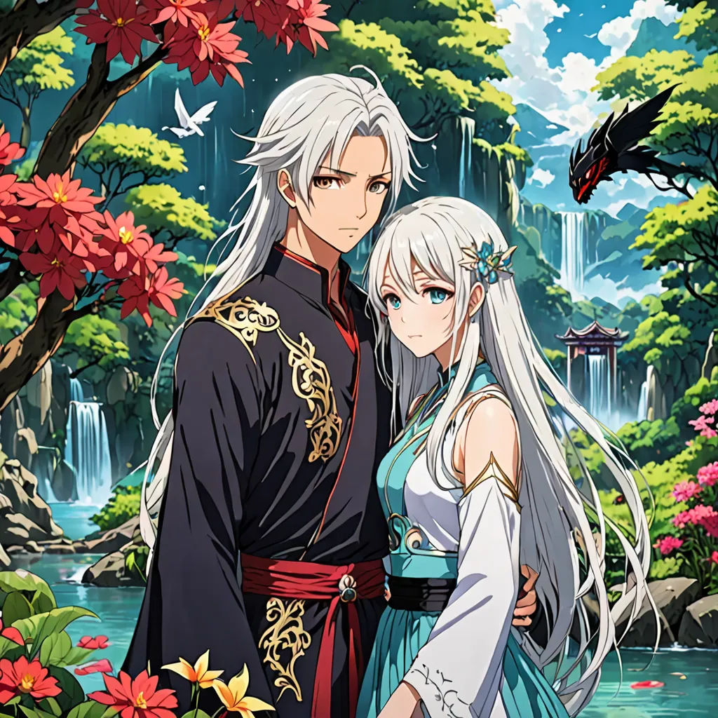 a couple of people standing next to each other near a waterfall and flowers in the background with a bird flying over them, neo-romanticism, an album cover, Baiōken Eishun, official art