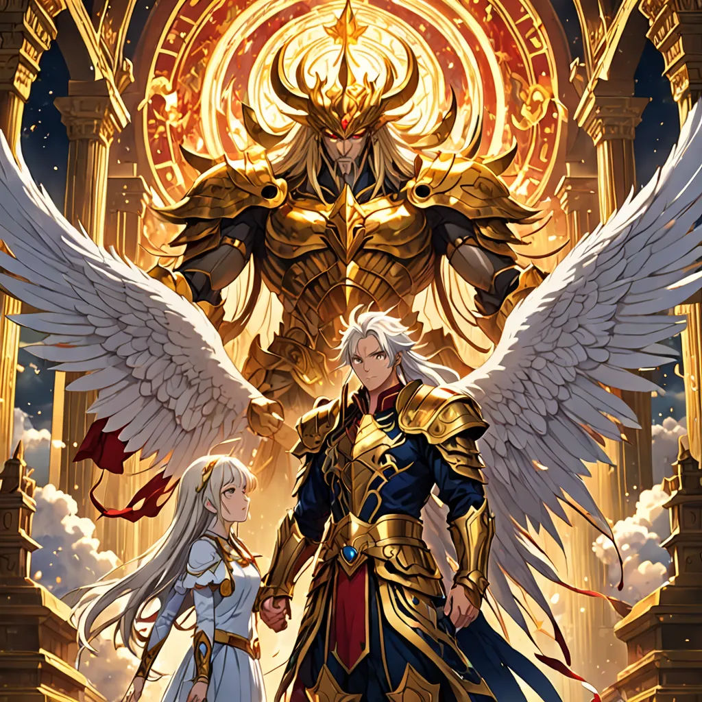 a couple of people standing next to each other near a giant bird statue and a giant golden statue with a giant white bird, fantasy art, a comic book panel, Ayami Kojima, official art