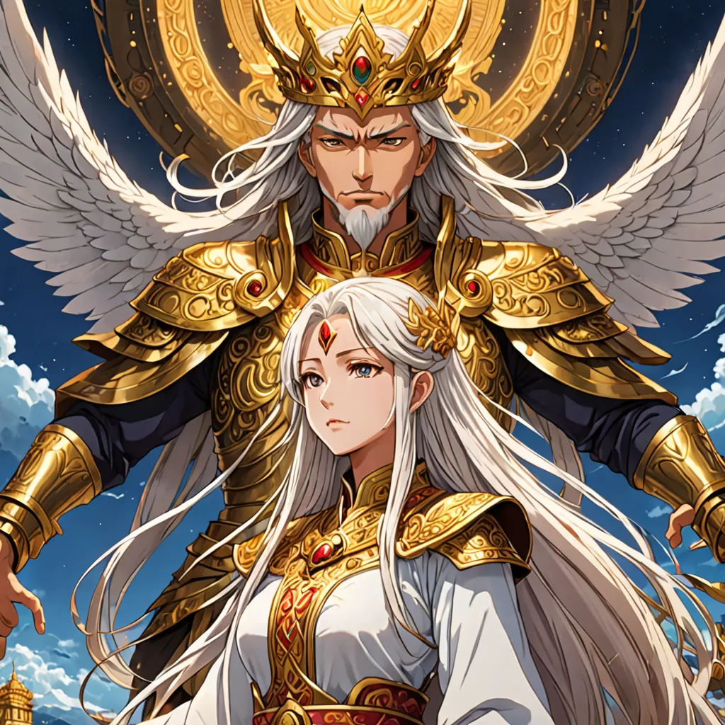 a man and woman in armor standing next to each other on a cloudy day with wings flying above them, fantasy art, a detailed painting, Chen Chun, official art