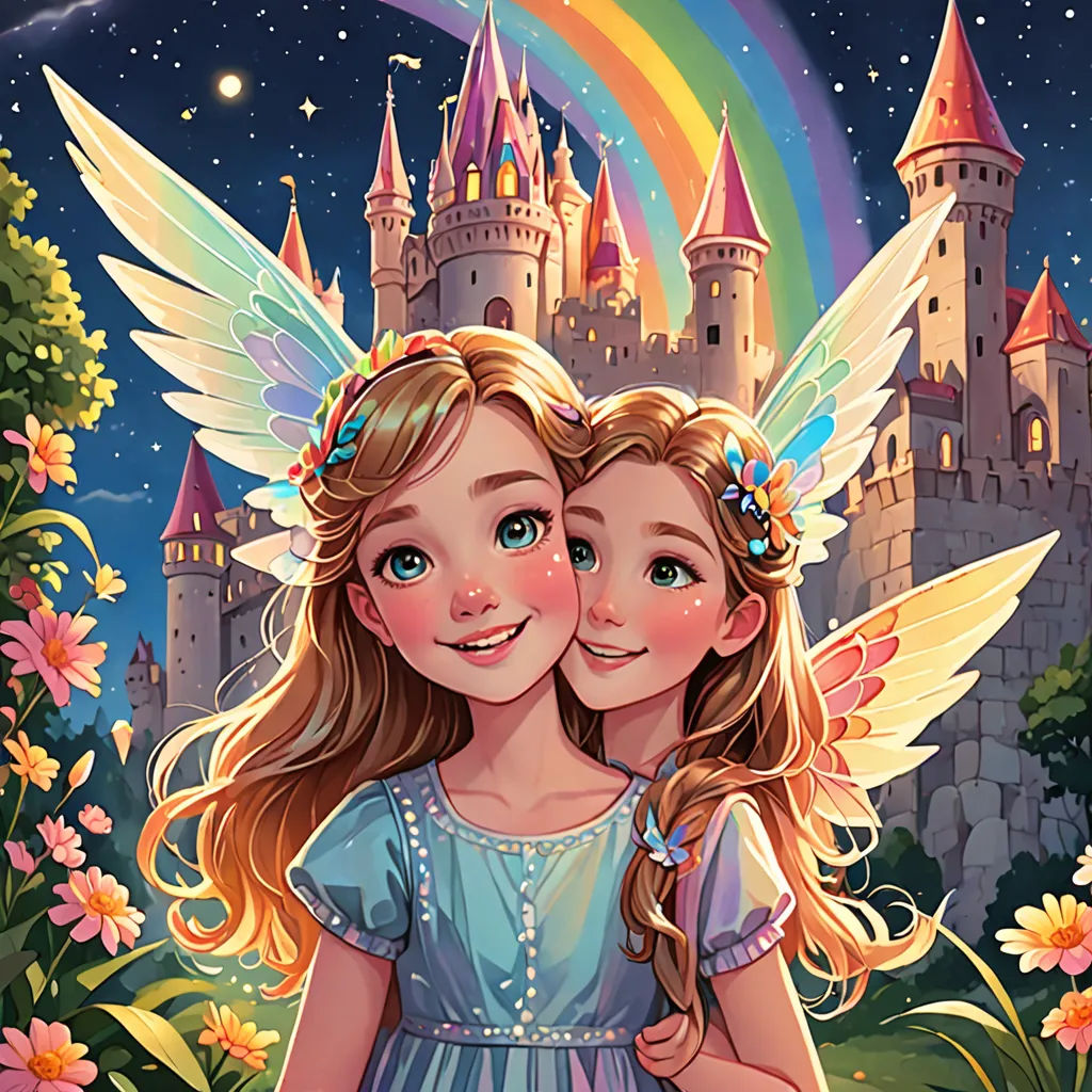 two girls are hugging in front of a castle with a rainbow in the background and a rainbow in the sky, fantasy art, a storybook illustration, Cliff Childs, fantasy magic