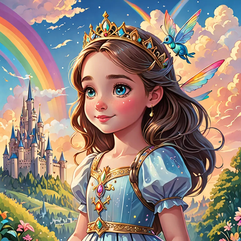 a painting of a girl in a blue dress with a rainbow in the background and a castle in the background, fantasy art, a storybook illustration, Anne Stokes, rossdraws global illumination