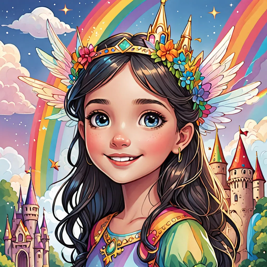 a girl with a crown on her head and a rainbow in the background with a castle in the background, fantasy art, a storybook illustration, Artgerm, deviantart artstation