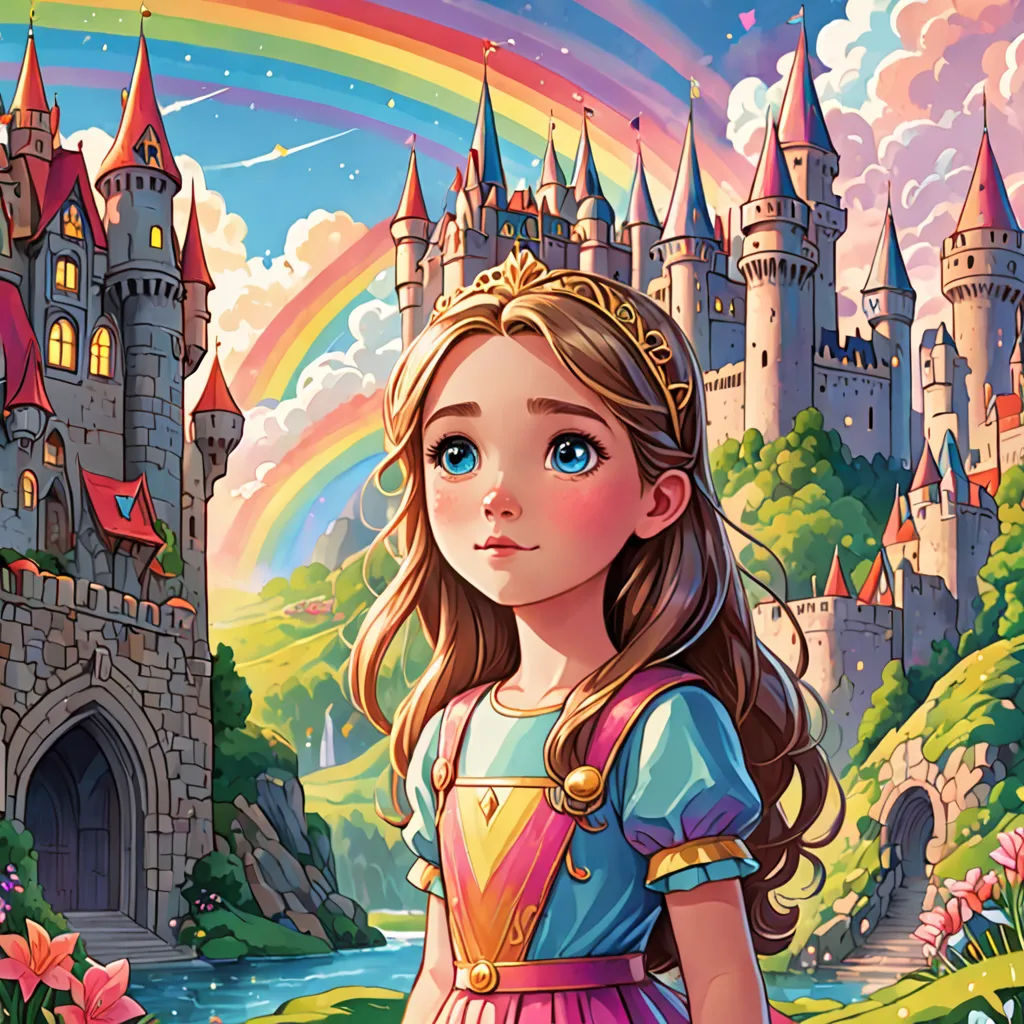 a girl in a princess dress standing in front of a castle with a rainbow in the background and a rainbow in the sky, fantasy art, a storybook illustration, Cliff Childs, rossdraws global illumination