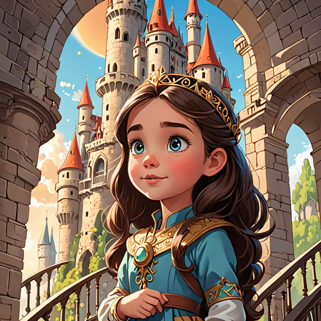 a cartoon girl in a blue dress standing in front of a castle with a princess crown on her head, fantasy art, a storybook illustration, Cliff Childs, rossdraws global illumination
