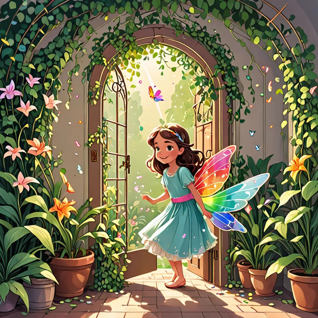 a little girl dressed in a fairy tale holding a butterfly in her hand and looking out of a doorway, fantasy art, a storybook illustration, Cliff Childs, storybook illustration