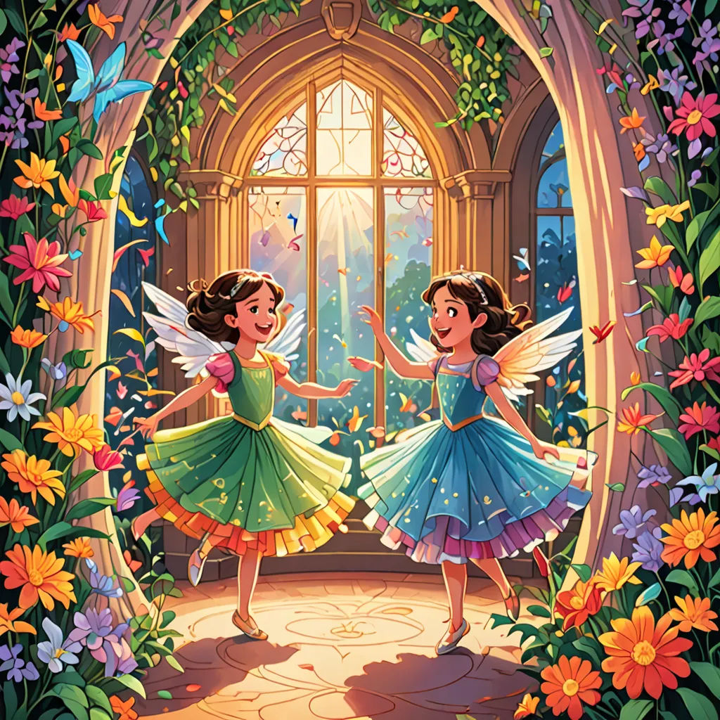 two girls dressed in fairy costumes dancing in front of a window with flowers and butterflies around them and a butterfly in the air, fantasy art, a storybook illustration, Cliff Childs, official art