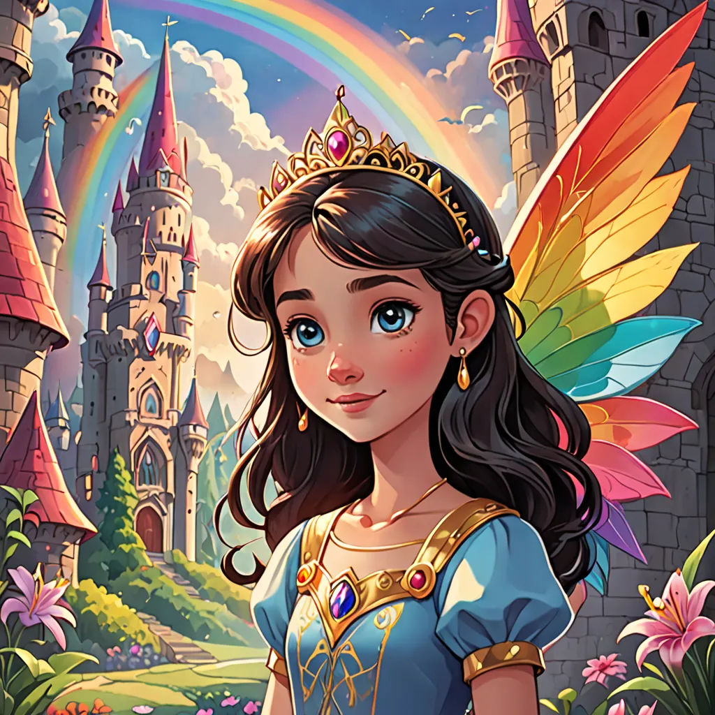 a young girl in a fairy costume standing in front of a castle with a rainbow in the background and a rainbow in the sky, fantasy art, a storybook illustration, Anne Stokes, rossdraws global illumination