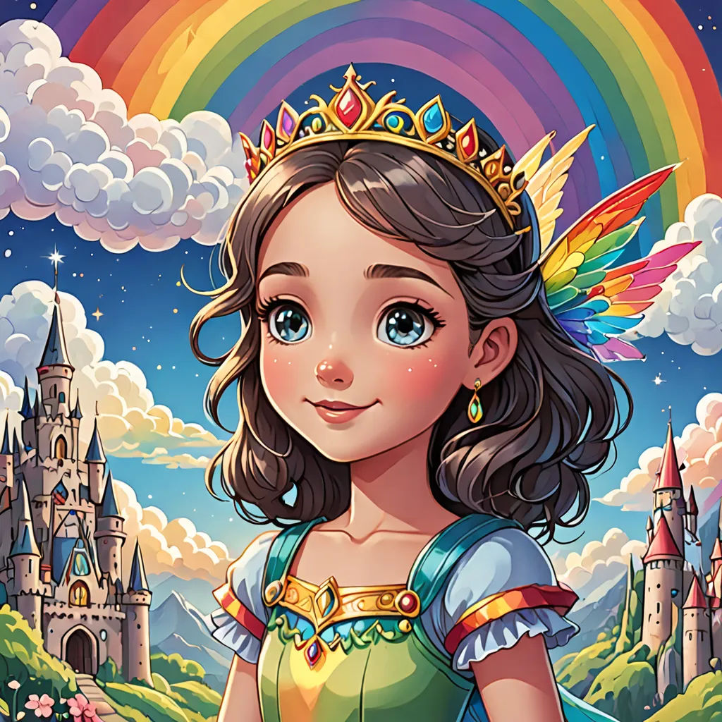a cartoon girl with a rainbow in the background and a castle in the background with a rainbow in the sky, fantasy art, a storybook illustration, Anne Stokes, fantasy illustration