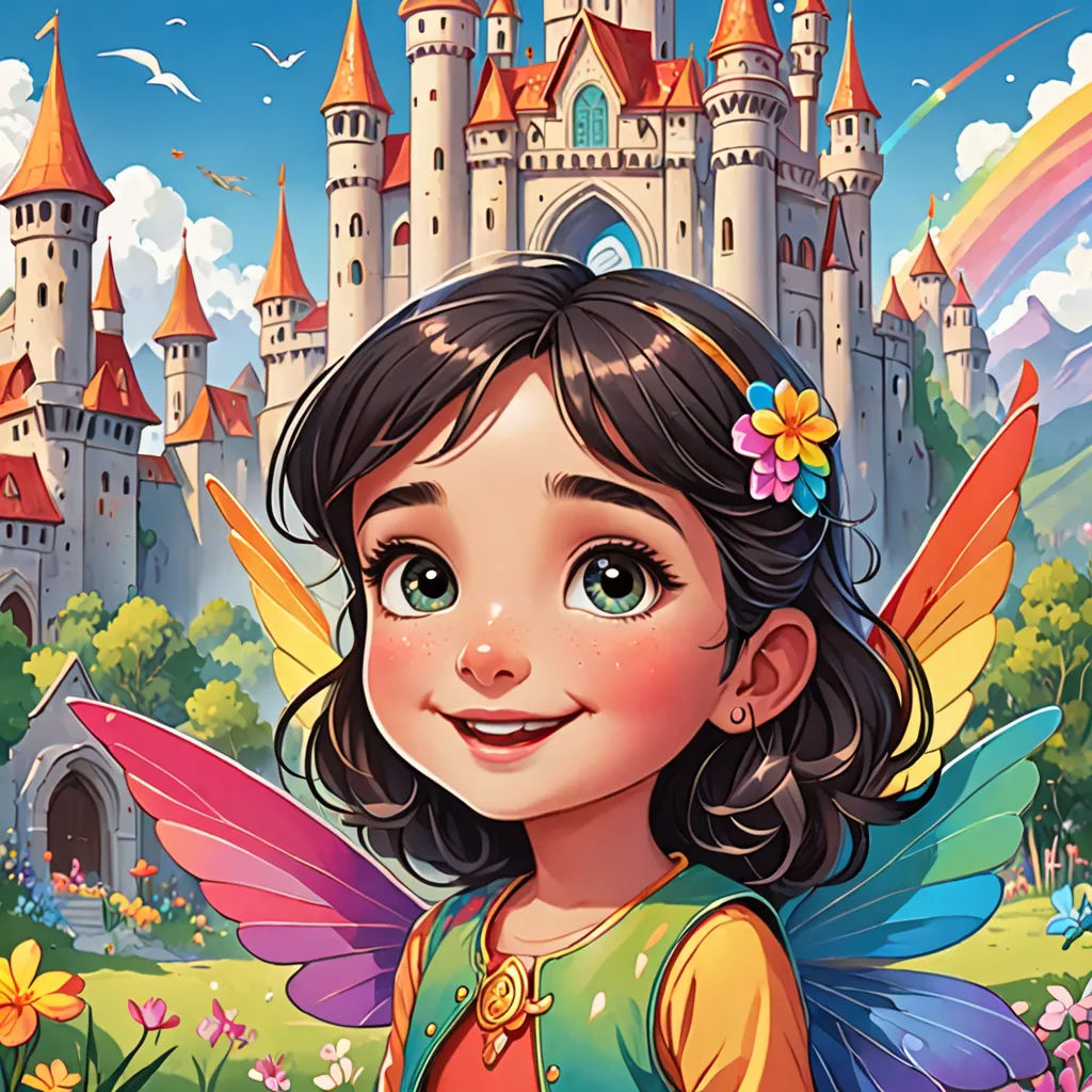 a cartoon girl with a fairy costume and a castle in the background with flowers and butterflies around her, and a rainbow in the sky, fantasy art, a storybook illustration, Cliff Childs, rossdraws global illumination