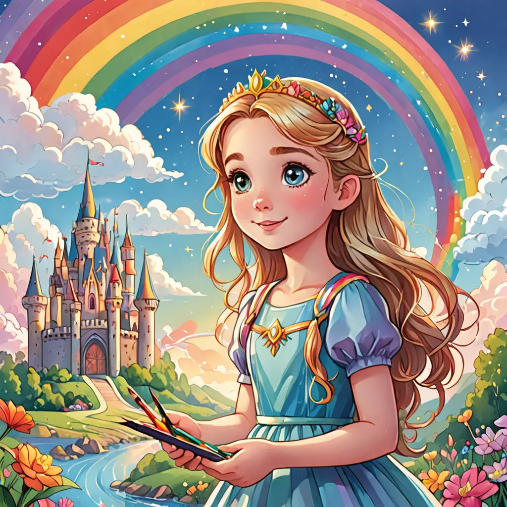 a girl in a blue dress is holding a paintbrush and a rainbow in the background with a castle, fantasy art, a storybook illustration, Alice Prin, rossdraws global illumination