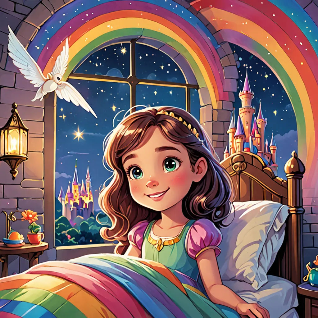 a little girl laying in bed under a rainbow colored blanket with a castle in the background and a bird flying over her, fantasy art, a storybook illustration, disney, storybook illustration