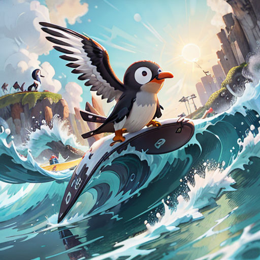 a penguin riding a surfboard on a wave in the ocean with a city in the background and birds flying around