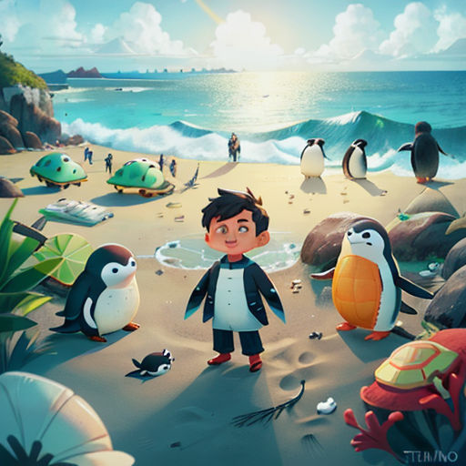 a cartoon character standing on a beach next to a group of penguins and other animals on the beach with a rainbow in the background