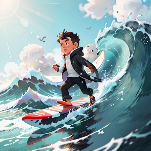 a man riding a surfboard on top of a wave in the ocean with a dog on his back
