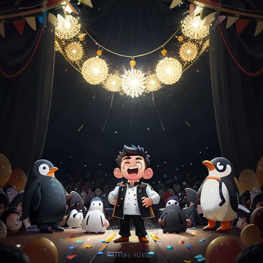 a cartoon character standing in front of a crowd of penguins and penguins with a microphone in their hand and a light above them