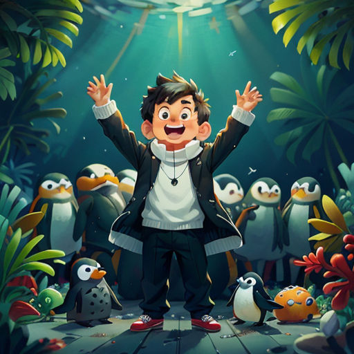 a boy standing in front of a group of penguins in a forest with his arms up in the air