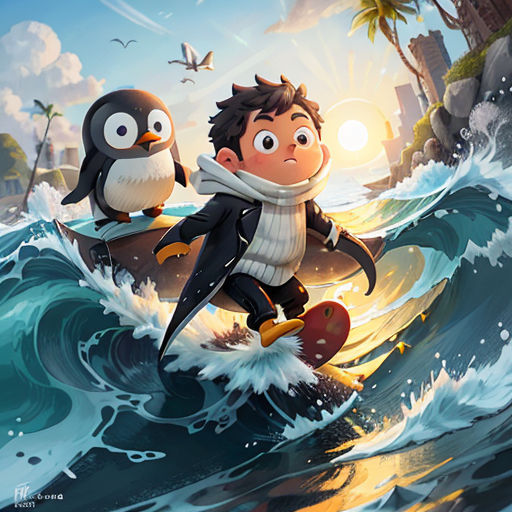 a boy riding a surfboard on top of a wave with a penguin on top of him in the ocean