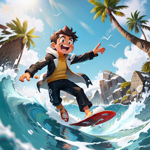 a man riding a surfboard on top of a wave in the ocean next to a beach with palm trees