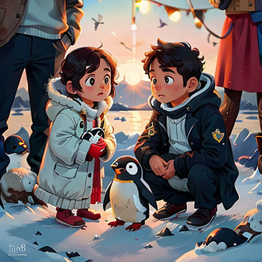 a couple of people standing next to a penguin on a snow covered ground with a penguin on the ground
