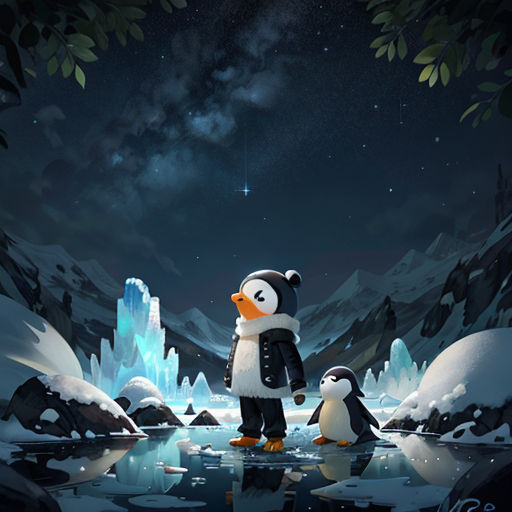 a penguin and penguinling standing in the snow at night with a star in the sky above them and a penguinling standing in the water