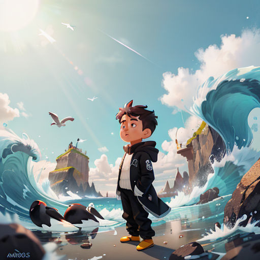 a boy is standing on a rock in front of a large wave and a bird flying over him and a bird flying over him