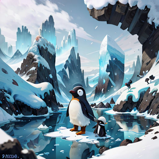 a penguin and penguinling are standing on ice in a snowy landscape with mountains and icebergs in the background