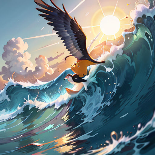 a bird flying over a wave in the ocean with a sun in the background and clouds in the sky