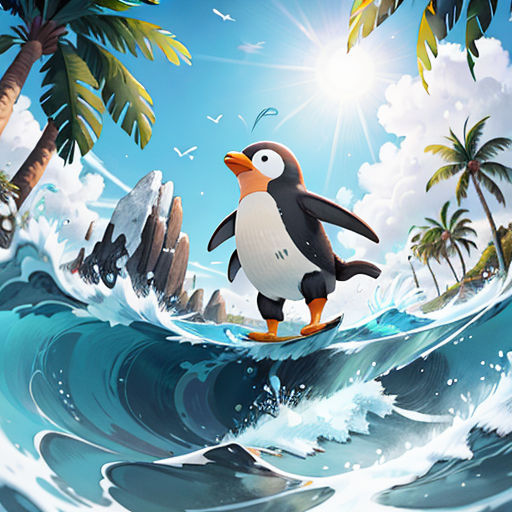 a penguin is surfing on a wave in the ocean with palm trees and a blue sky in the background