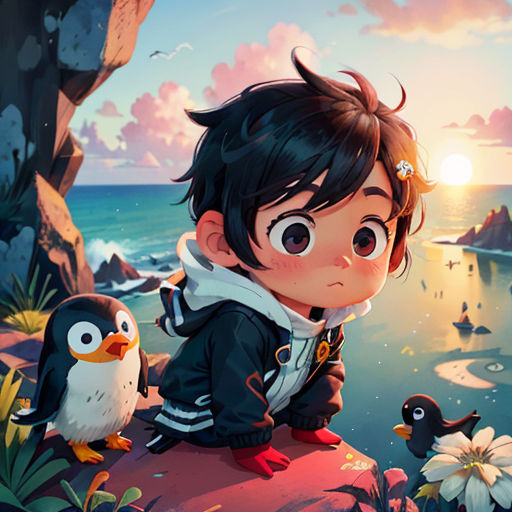 a boy sitting on a rock next to a penguin and a penguinling on the shore of a lake