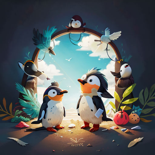 a group of penguins standing in front of a doorway with a sky background and birds flying around it,