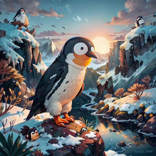 a penguin is standing on a rock in the snow with a sunset in the background and birds flying around