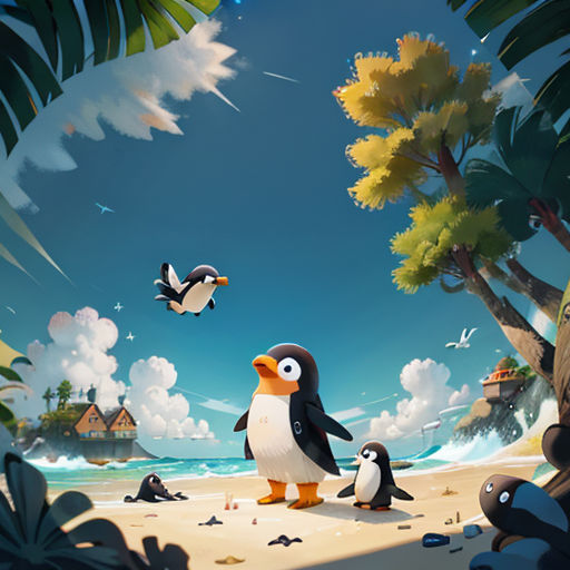 a group of penguins standing on top of a sandy beach next to a palm tree and a beach house