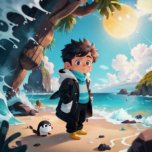 a boy standing on a beach next to a penguin and a tree with a full moon in the background