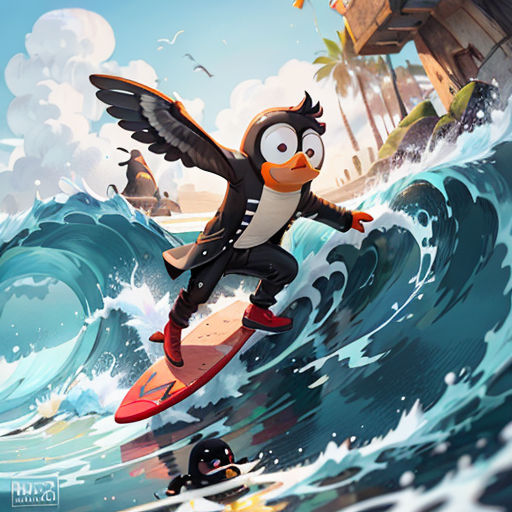 a cartoon penguin surfing on a wave in the ocean with a life guard in the background and a life guard in the foreground