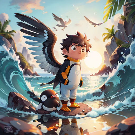 a boy with a bird on his shoulder standing on a rock in the ocean with a penguin nearby and a bird flying over him
