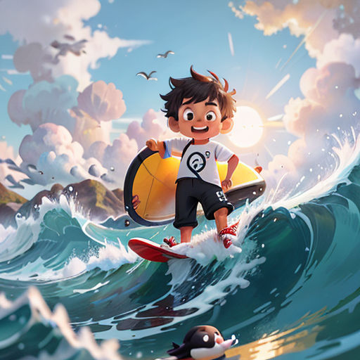 a boy riding a surfboard on top of a wave in the ocean with a penguin nearby in the ocean