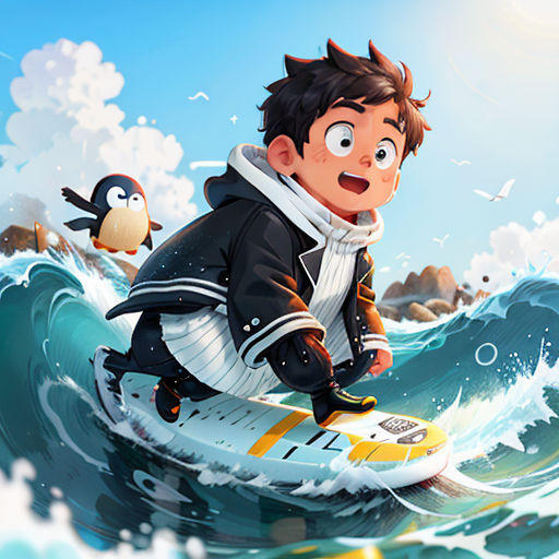 a boy riding a surfboard on top of a wave in the ocean with penguins nearby in the sky