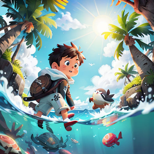 a boy is walking across a body of water with a backpack on his back and a turtle in the background