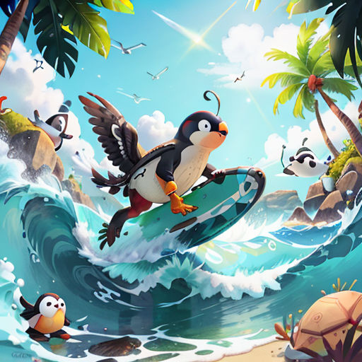 a cartoon penguin surfing on a wave with other penguins in the background and a beach with palm trees and rocks