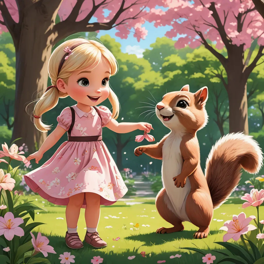 Magical Encounter: Little Girl Befriends Curious Squirrel in Park Adventure
