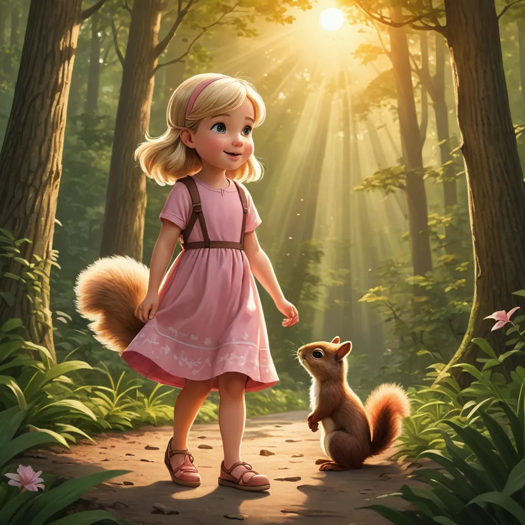 a little girl standing next to a squirrel in a forest with sunlight shining through the trees and leaves on the ground, furry art, a storybook illustration, Chris LaBrooy, official art