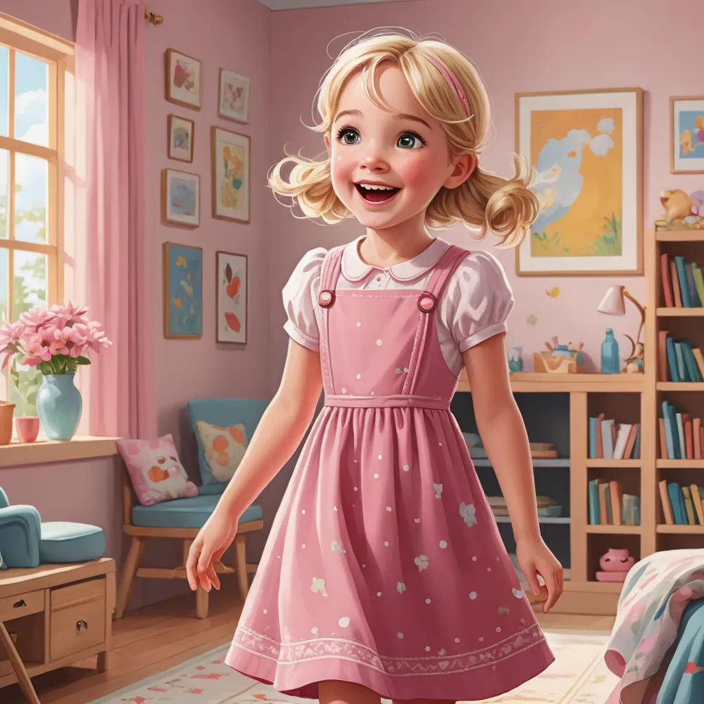 a little girl in a pink dress is standing in a pink room with a pink rug and a pink chair, photorealism, a storybook illustration, disney, cgstudio