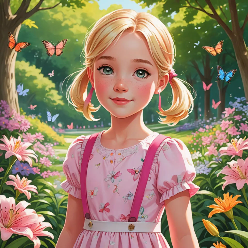 a painting of a little girl in a pink dress in a garden with flowers and butterflies around her, with a butterfly in her hair, fantasy art, a storybook illustration, Alice Prin, kinkade