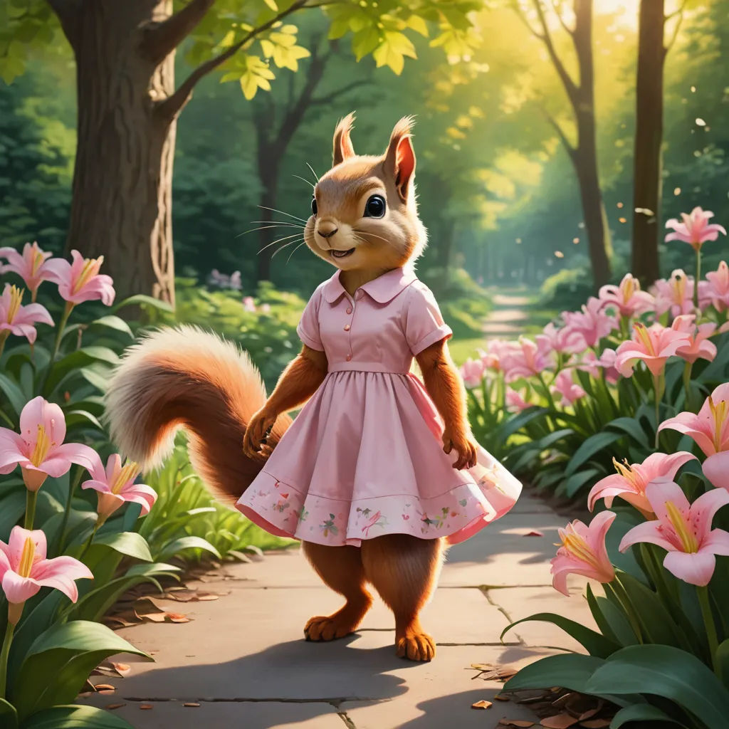 a squirrel in a pink dress is walking through a garden of flowers and trees with pink flowers in the foreground, furry art, an oil painting, Chris LaBrooy, official art