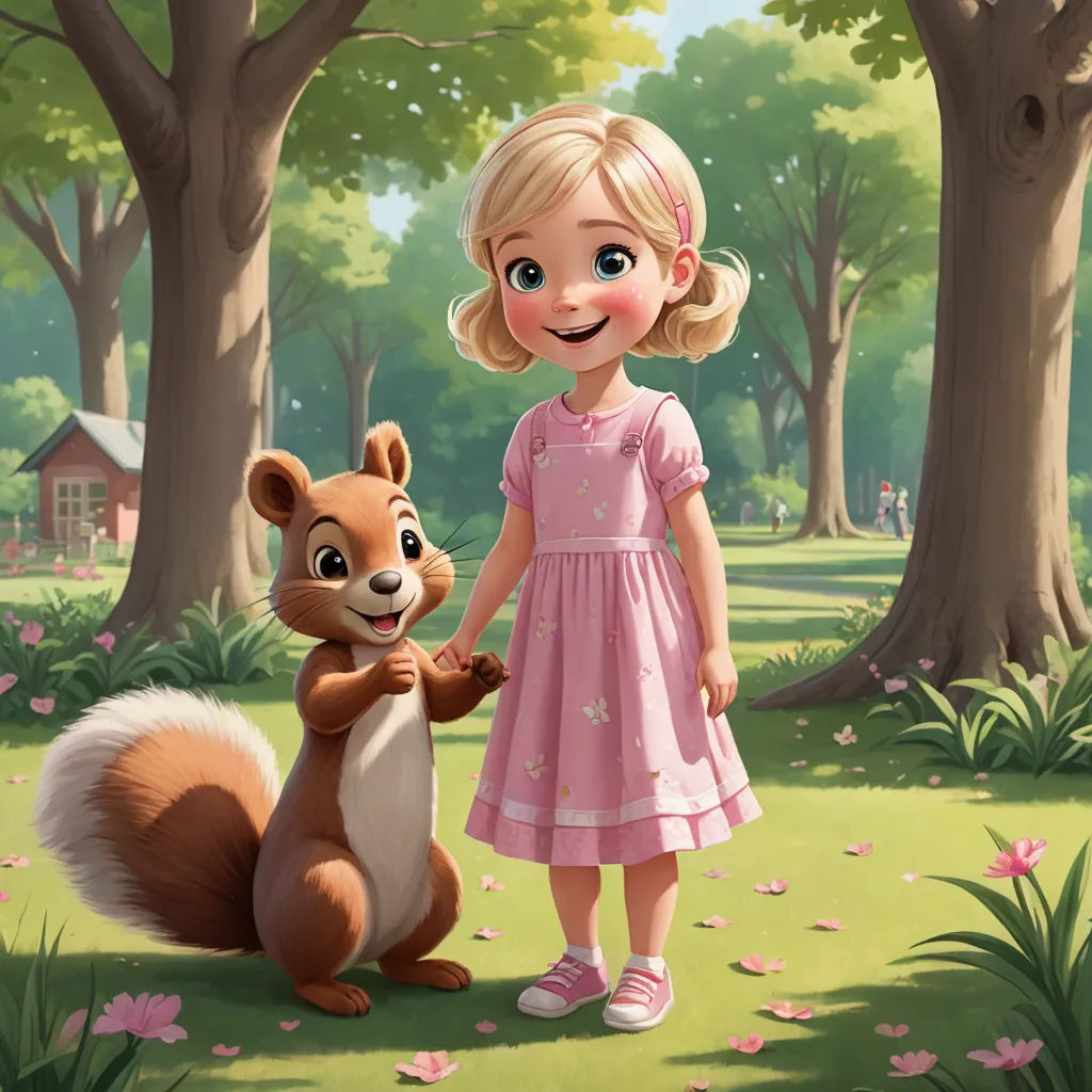 a little girl standing next to a squirrel in a forest with trees and flowers on the ground and a house in the background, furry art, a storybook illustration, Chippy, pixar and disney animation