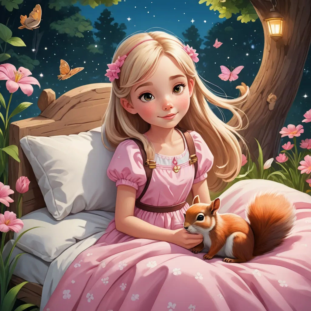a girl in a pink dress sitting on a bed with a squirrel in her lap and a butterfly in her hand, fantasy art, a storybook illustration, Alice Prin, storybook illustration