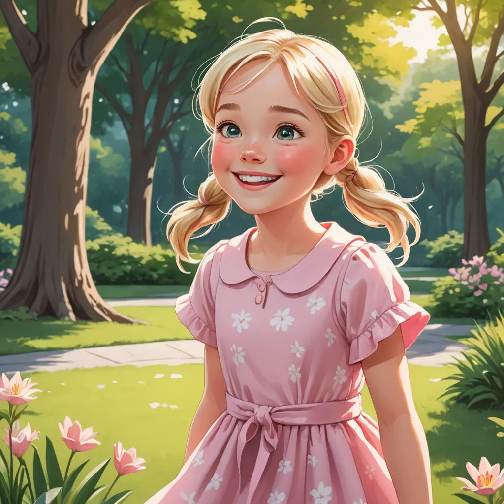 a painting of a girl in a pink dress in a park with flowers and trees in the background and a path leading to a park with flowers and trees, american scene painting, a storybook illustration, Cliff Childs, rossdraws global illumination