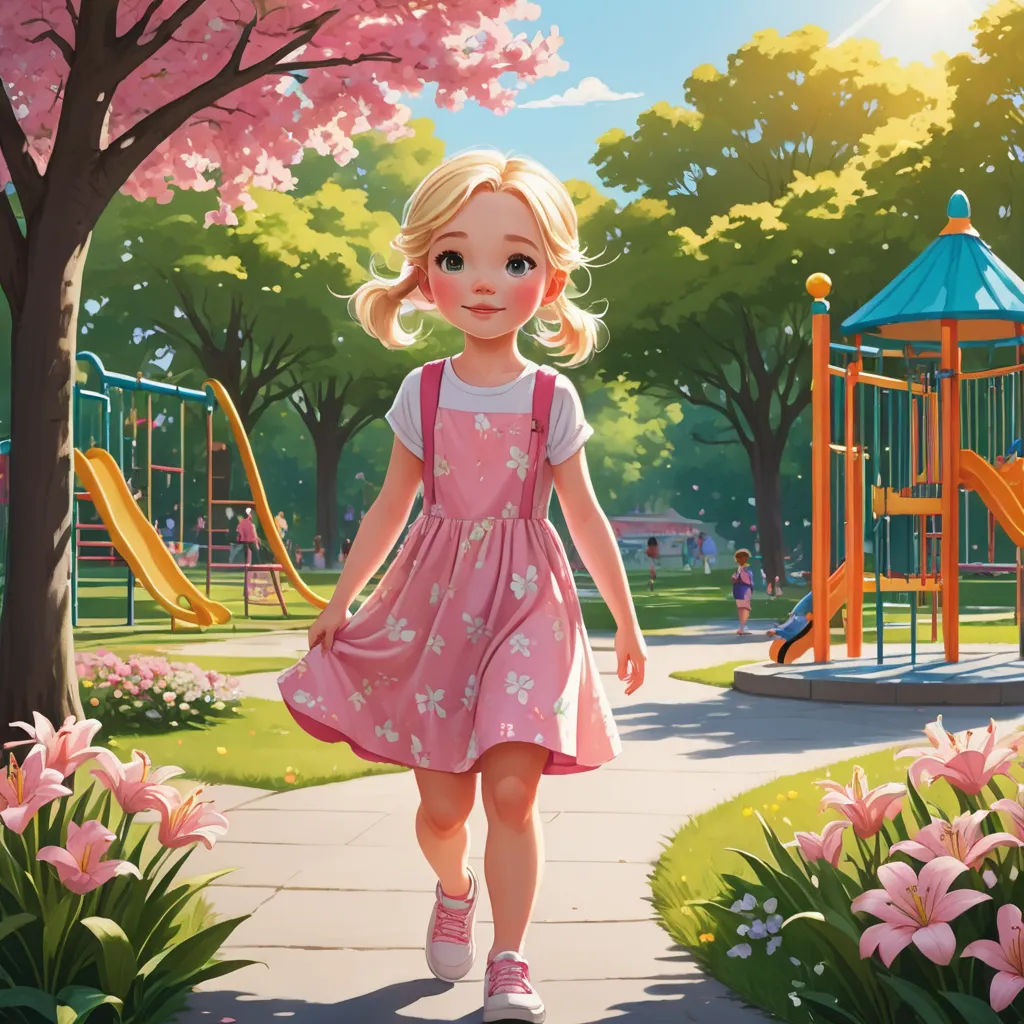 a painting of a little girl walking down a path in a park with a playground in the background and a pink flowered tree, american scene painting, a storybook illustration, disney, rossdraws global illumination