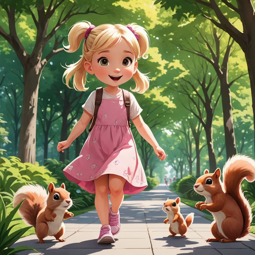 a little girl walking down a path with squirrels on the side of it and a squirrel on the other side, furry art, a storybook illustration, Chris LaBrooy, rossdraws global illumination